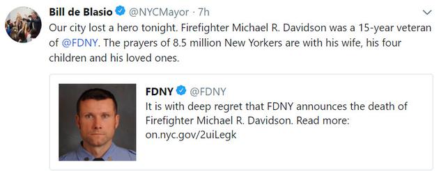 紐約市長比爾·白思豪發推悼念