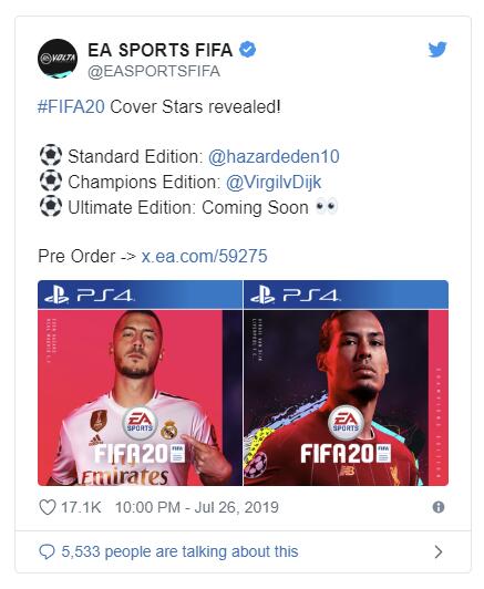 《FIFA 20》封面球星公布 標準版阿扎爾冠軍版范戴克