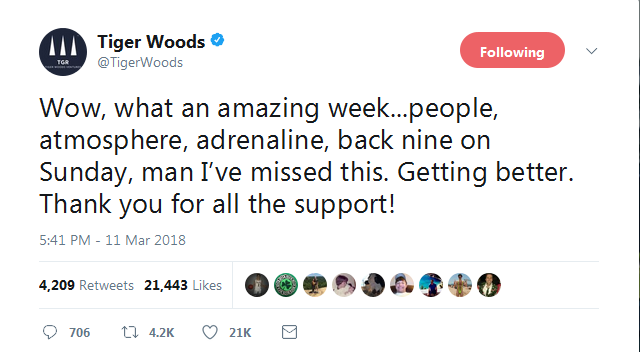 伍茲推特感謝支持