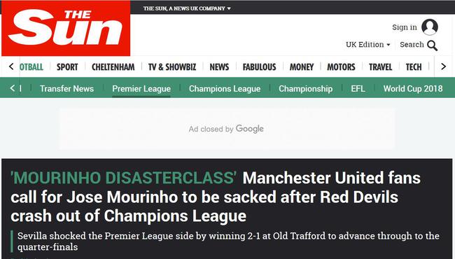 《太陽報》報導截圖：曼聯球迷呼籲俱樂部解雇穆裡尼奧