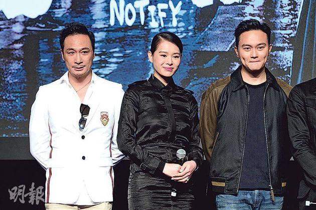 吳鎮宇（左起）、胡杏兒及張智霖合演邱禮濤執導的新片《暗黑者》。