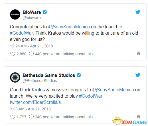 《戰神4》發售好評如潮 各大開發商紛紛發推祝賀