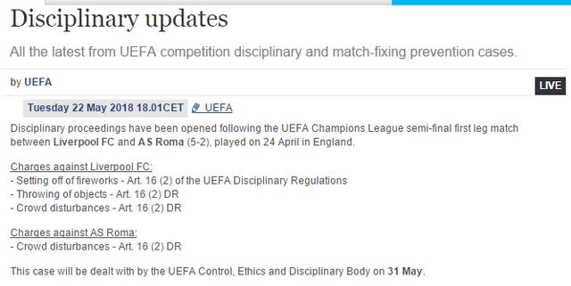 歐足聯公布對利物浦和羅馬的指控