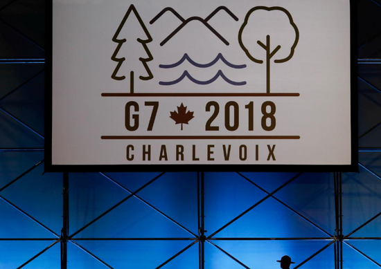 2018年6月6日，加拿大魁北克省，G7峰會新聞中心的會議標識。REUTERS/Yves Herman