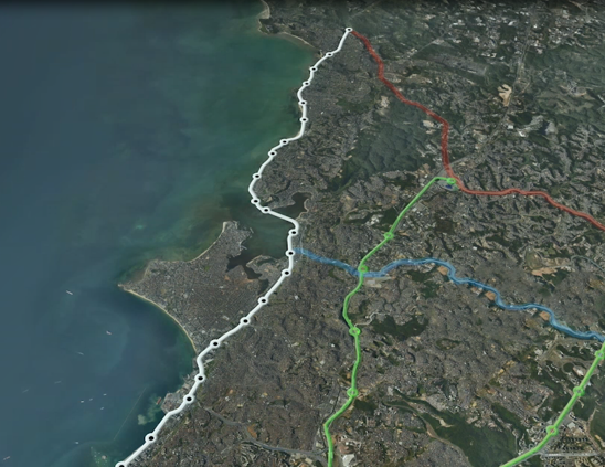 薩爾瓦多雲軌線路（白色線條）將與其它軌道交通線路共同打造軌道交通網
